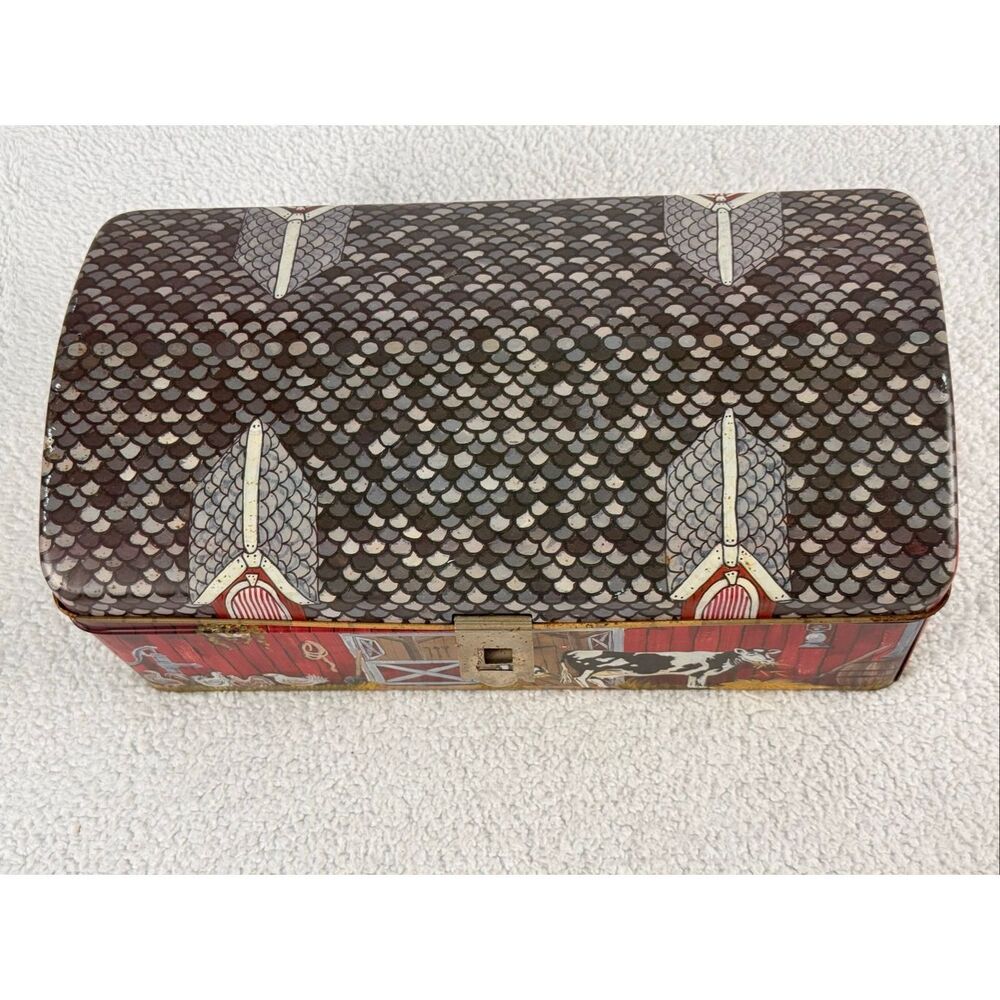 Vintage Tin Litho Barn Farm Animals Storage Box With Lid/Latch - Picture 2 of 15